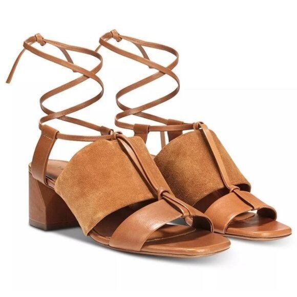 NWOB Vince Dunaway Ankle Tie Block Heel Hazelnut Brown Leather Sandal Size 7.5 - Picture 1 of 14